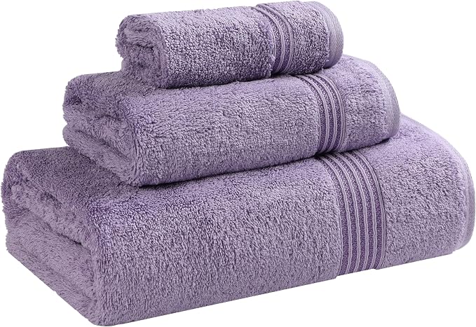 SUPERIOR Egyptian Cotton 3-Piece Towel Set, Basic Towels for Bathroom, Home Decor, Guest Bath, Shower, Apartment, Included 1 Face, 1 Hand, 1 Bath Towel, Washcloth, Quick Dry, Royal Purple
