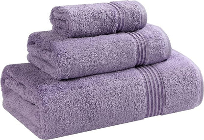 SUPERIOR Egyptian Cotton 3-Piece Towel Set, Basic Towels for Bathroom, Home Decor, Guest Bath, Shower, Apartment, Included 1 Face, 1 Hand, 1 Bath Towel, Washcloth, Quick Dry, Royal Purple