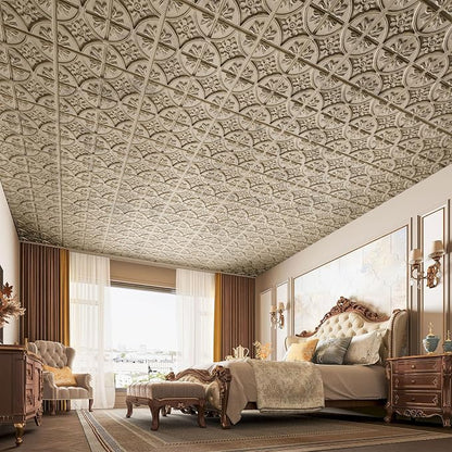Art3d Fancy Classic Style Drop Ceiling Tiles, 2 x 2 ft, Antique Gold | PVC, Lightweight, Waterproof, Easy to Wipe Clean, Compatible with Grid System, Suitable for Kitchen, Bathroom, Basement