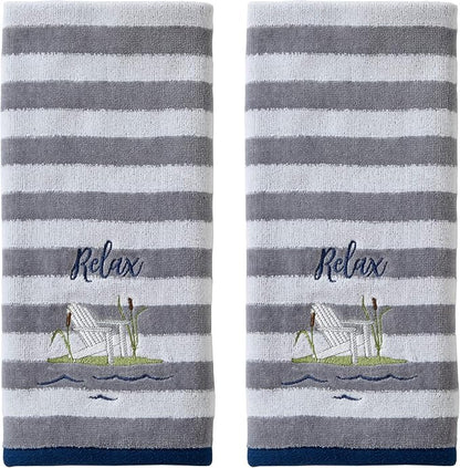 SKL HOME by Saturday Knight Ltd. Relax Chair Hand Towel (2-Pack), Multi | Decorative embroidery & stripes for everyday & coastal/beach décor. For use in the bathroom, kitchen, bar or any sink space.