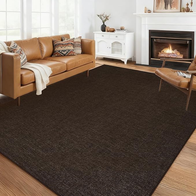 Garvee Modern Solid Washable Rug 8x10 Area Rugs for Living Room Brown | Woven Textured Ultra-Thin Rug Non Slip Non-Shedding Indoor Floor Mat Foldable Farmhouse Carpet for Bedroom Office Dining Room
