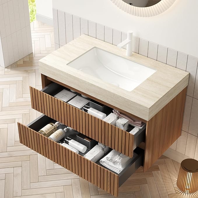 36'' Floating Bathroom Vanity - Wall Mounted Modern Cabinet W/Ceramic Undermount Basin, Plywood Cabinet with Soft Close Drawers, Pre-Assembled, Espresso Woodgrain
