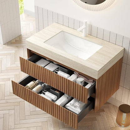 36'' Floating Bathroom Vanity - Wall Mounted Modern Cabinet W/Ceramic Undermount Basin, Plywood Cabinet with Soft Close Drawers, Pre-Assembled, Espresso Woodgrain