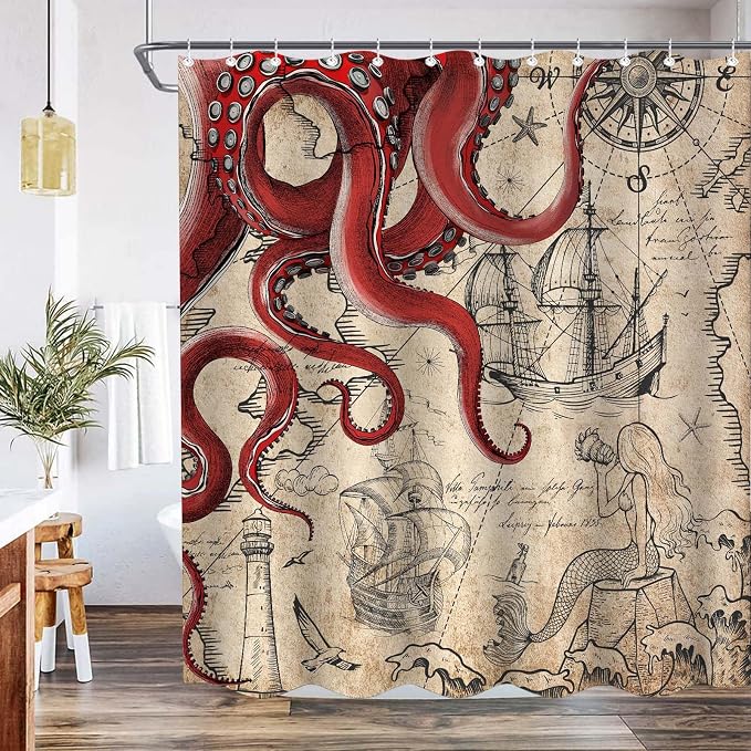 Fungarth Long Vintage Red Nautical Octopus Shower Curtain Mermaid Funny Ocean Kraken Shower Curtains for Bathroom Cool Anchor Coastal Map Waterproof Fabric Bath Curtain Decor (Retro1, 72” x 78”)