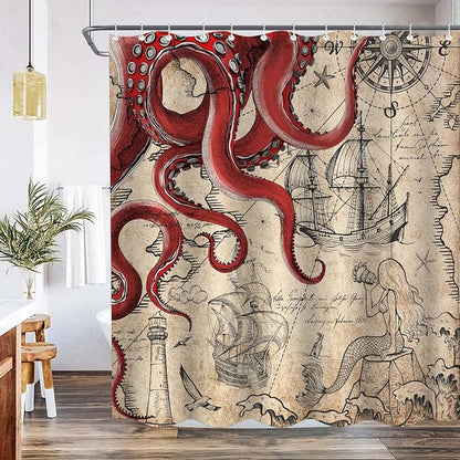 Fungarth 84 Inch Extra Long Vintage Red Nautical Octopus Shower Curtain Mermaid Funny Ocean Kraken Shower Curtains for Bathroom Cool Coastal Map Waterproof Fabric Bath Curtain (Retro1, 72” x 84”)