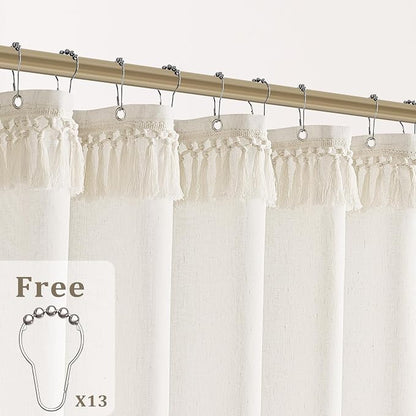 Cream Shower Curtain with Top Tassels Water Repellent 72x96 Inch | Extra Tall, Natural Ivory, Linen Shower Curtains 96 Inch Long, Farmhouse Rustic Country Elegant, Bathroom Cloth Fabric Drapes