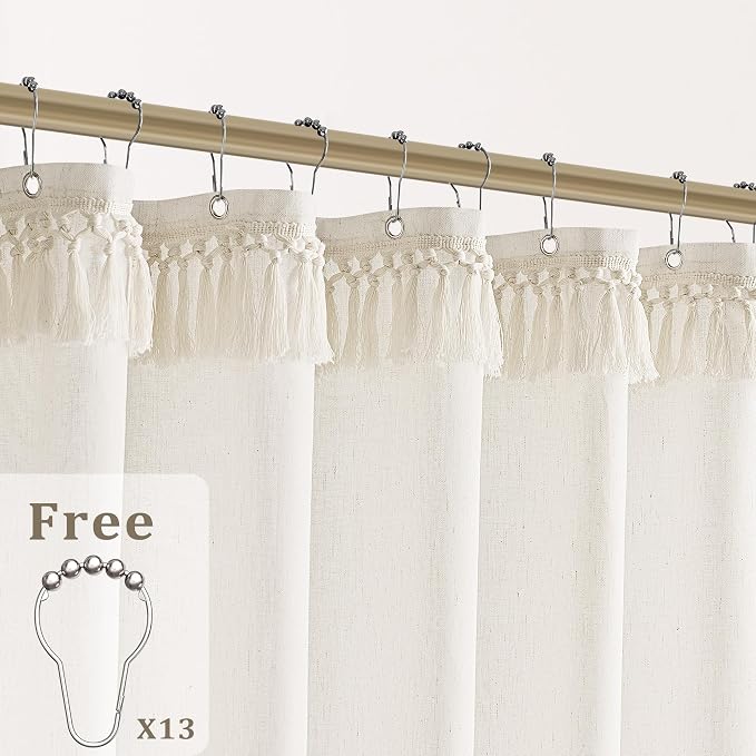 Cream Shower Curtain with Top Tassels Water Repellent 72x84 Inch | Cute Boho Farmhouse Rustic Country, Extra Long, Linen Shower Curtains 84 Inches Long, with Hooks, Natural Ivory, for Bathroom