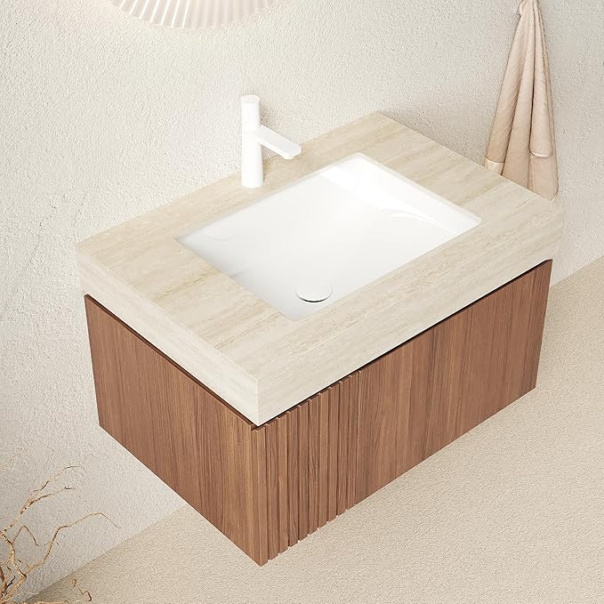 Ambrovina 30" Floating Bathroom Vanity with Sink, Modern Plywood Bathroom Storage Cabinet with Drawer and Door, Light Yellow Sintered Stone Countertop, White Ceramic Basin, Pre-Assembled, Light Oak
