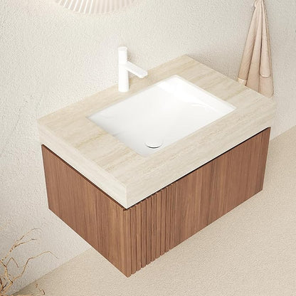 Ambrovina 30" Floating Bathroom Vanity with Sink, Modern Plywood Bathroom Storage Cabinet with Drawer and Door, Light Yellow Sintered Stone Countertop, White Ceramic Basin, Pre-Assembled, Light Oak