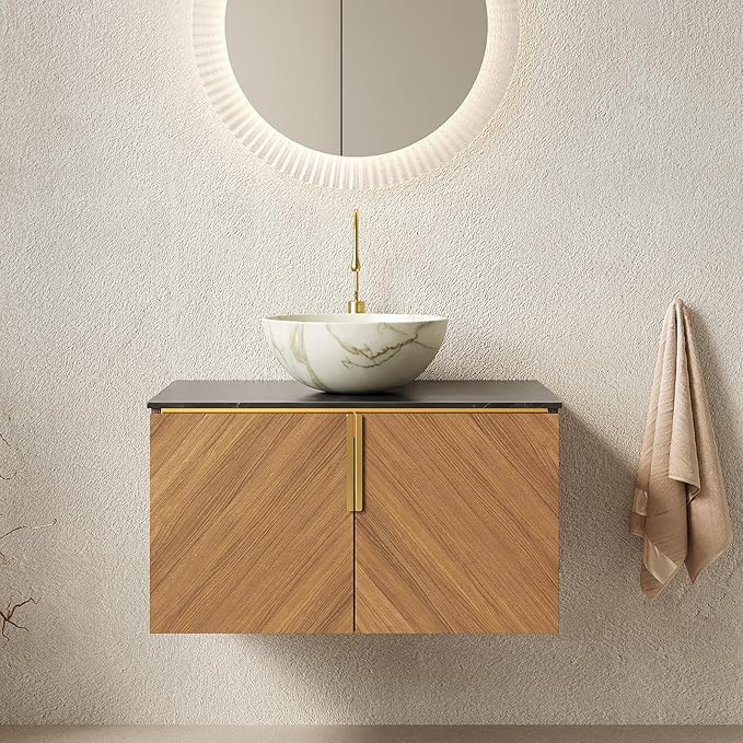 30" Floating Bathroom Vanity with Sink Combo, Modern Vanity with Vessel Sink, Wall-Mounted Bathroom Vanity Cabinet with Doors, Countertop and White Bowl Ceramic Basin,Brown Oak