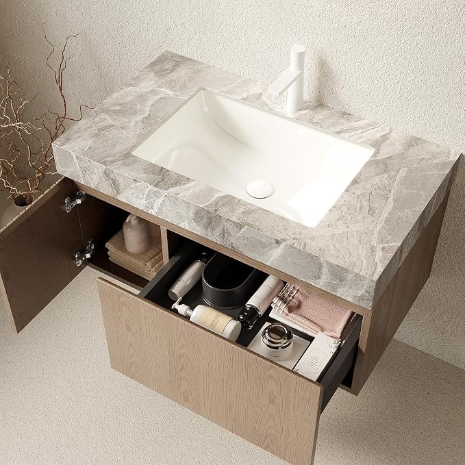KEIKI 36 Inch Floating Bathroom Vanity with Sink, Light Brown & Grey | Modern Wall Mounted Storage Cabinet w/ Drawer & Door, Pre-assembled Wood Panels, Sintered Stone Top & Ceramic Basin Combo Set