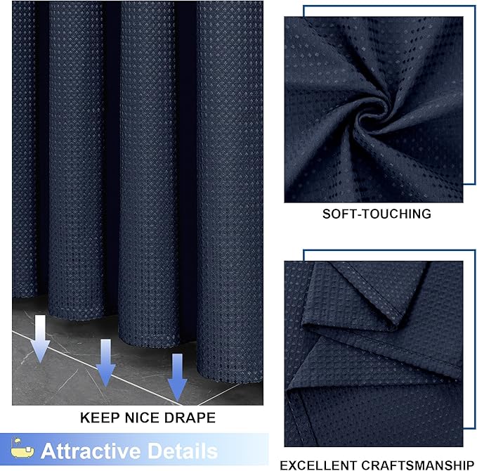 OVZME Long Fabric Shower Curtain Set, Waffle Textured Shower Curtain for Bathroom - Weight 230GSM Heavy Duty Hotel Spa Luxury Bath Curtain Set with 12 Plastic Hooks, 72x78, Navy Blue