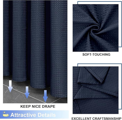 OVZME Long Fabric Shower Curtain Set, Waffle Textured Shower Curtain for Bathroom - Weight 230GSM Heavy Duty Hotel Spa Luxury Bath Curtain Set with 12 Plastic Hooks, 72x78, Navy Blue
