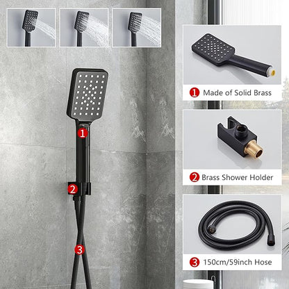 Shower Faucet Set Complete Matte Black Shower System with 12 inch Square Rainfall Shower Head 3-Function Handheld Shower Waterfall Bathtub Spout Rain Shower Combo Set Bathroom Wall Mounted