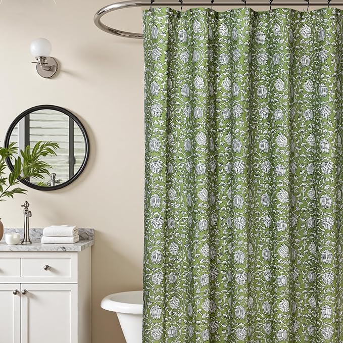 MUGINYU Sage Green Floral Shower Curtain Vintage Block Print - 72x72 Inches,Cotton Blend Cloth Fabric Farmhouse Decorative French Country Bathroom Decor, Cottagecore Aesthetic Pattern