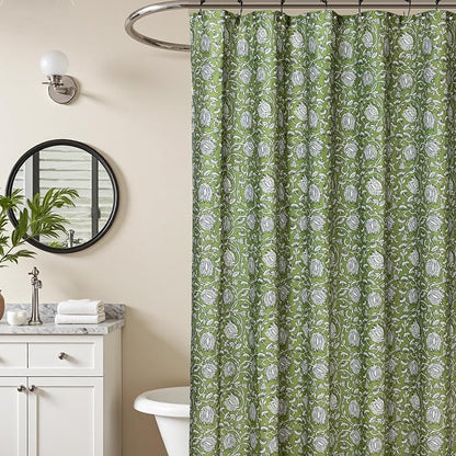MUGINYU Sage Green Floral Shower Curtain Vintage Block Print - 72x72 Inches,Cotton Blend Cloth Fabric Farmhouse Decorative French Country Bathroom Decor, Cottagecore Aesthetic Pattern