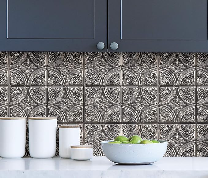 InHome NH3922 Camden Antique Silver Faux Tin Peel & Stick Backsplash Tiles, Metallic, 10 inch x 10 inch