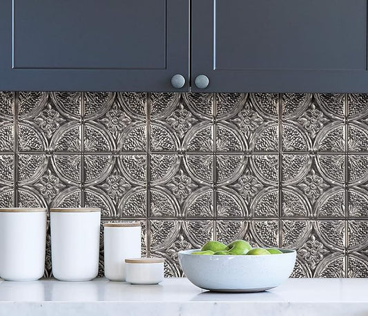 InHome NH3922 Camden Antique Silver Faux Tin Peel & Stick Backsplash Tiles, Metallic, 10 inch x 10 inch