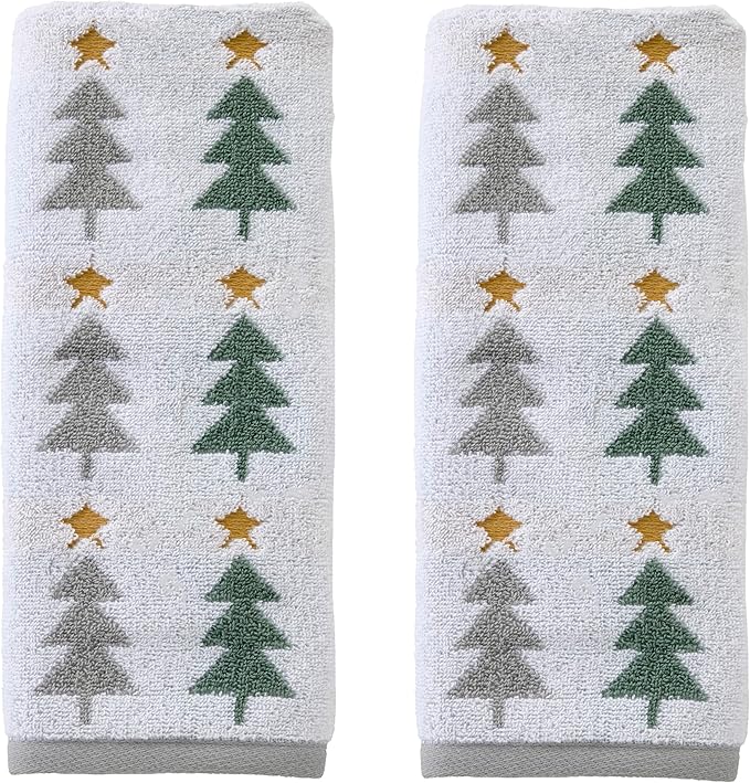 SKL Home Christmas/Winter Multi Trees Hand Towel Set-2pc, Multi | 100% Cotton. 500 GSM. Soft & absorbent. Reversible jacquard pattern. Great for the bathroom, kitchen or bar & holiday gift.