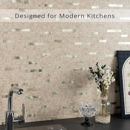 StyloVue 20 Sheets Peel and Stick Backsplash for Kitchen, 2026 Upgraded Classic Travertine Beige with Gold Metal Accents, Stick on Tile for Kitchen Backsplash, RV, Fireplace