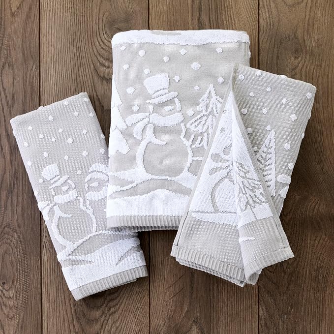 SKL Home Christmas/Winter Scenic Snowmen Hand Towel Set-2pc, Gray | 100% Cotton. 500 GSM. Soft & absorbent. Textured jacquard pattern. Great for the bathroom, kitchen or bar & holiday gift.