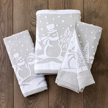 SKL Home Christmas/Winter Scenic Snowmen Hand Towel Set-2pc, Gray | 100% Cotton. 500 GSM. Soft & absorbent. Textured jacquard pattern. Great for the bathroom, kitchen or bar & holiday gift.
