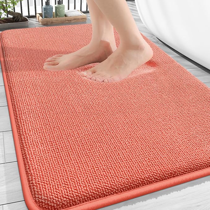 OLANLY Thick Memory Foam Bathroom Rugs 30x20, Absorbent Bath Mat, Coral | Soft Quick Dry Bath Rugs, Non-Slip, Machine Washable Carpet for Bathroom Floor, Tub and Shower, Home Decor Accessories