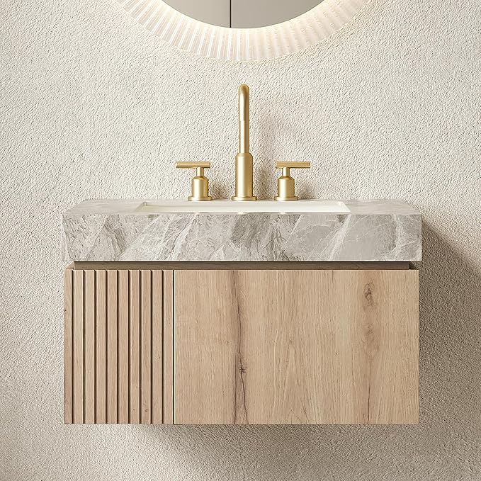 30” Floating Bathroom Vanity with Sink, Wall-Mounted Cabinet with Drawer & Doors, Gray Travertine-Pattern Sintered Stone Top, Undermount Basin, 3 Faucet Hole, Soft-Close, Pre-Assembled, Light Oak