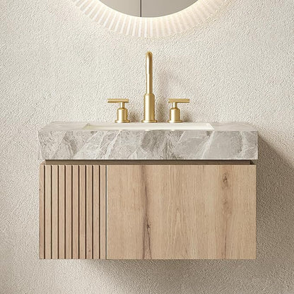 30” Floating Bathroom Vanity with Sink, Wall-Mounted Cabinet with Drawer & Doors, Gray Travertine-Pattern Sintered Stone Top, Undermount Basin, 3 Faucet Hole, Soft-Close, Pre-Assembled, Light Oak