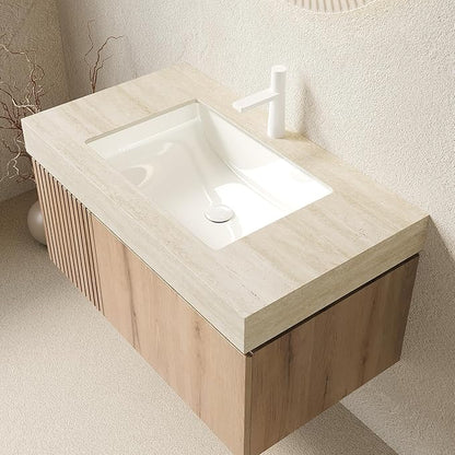 KEIKI 36 Inch Floating Bathroom Vanity with Sink, Modern Wall Mounted Storage Cabinet with Drawer, Pre-assembled Waterproof Wood Panels, Sintered Stone Top & Ceramic Basin Combo Set, White Oak & Beige