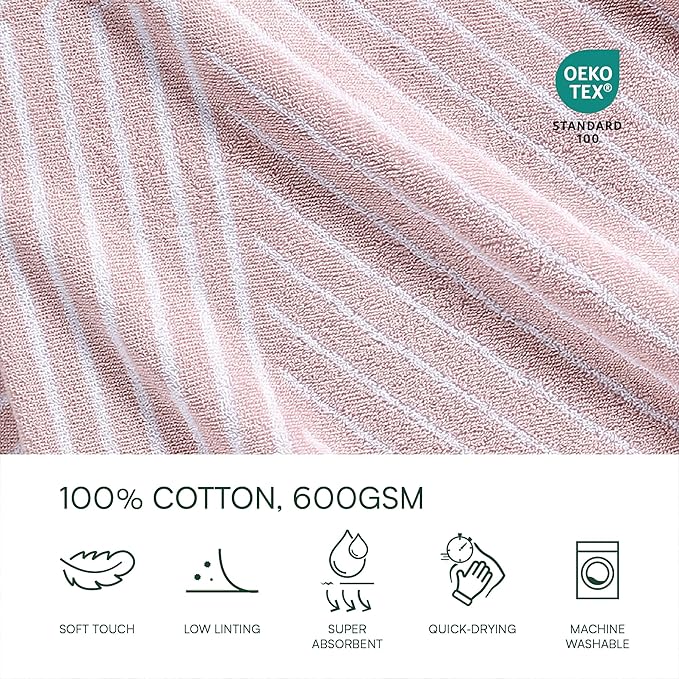 Lacoste Guethary Striped Towel – 100% Cotton, Reversible Modern Geometric Design, Soft & Absorbent, Durable & Lightweight, Machine Washable – Light Pink, 30"x54" Bath Towel