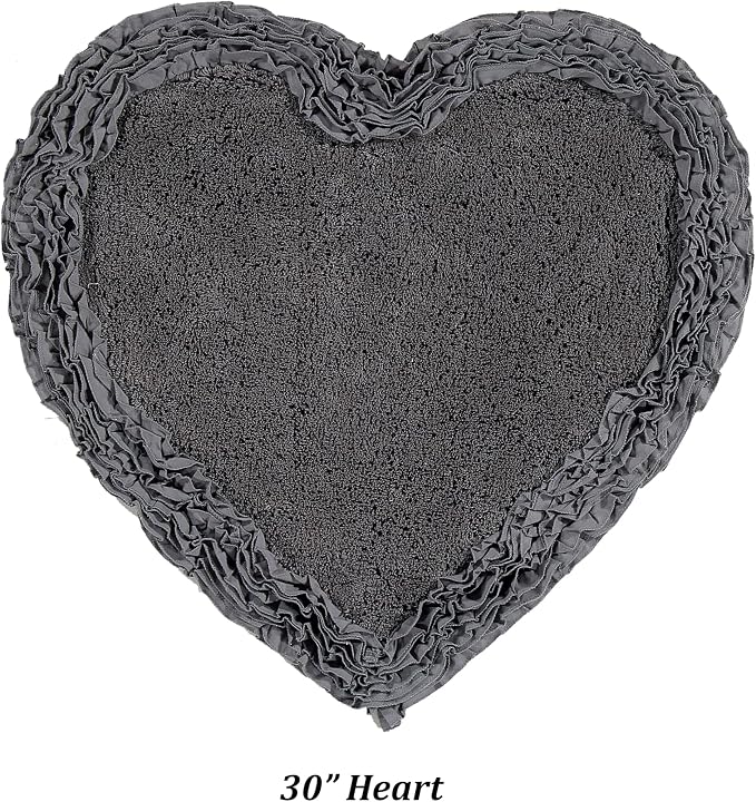 Better Trends 30” Heart Shaped Rugs 100% Cotton Soft Non Slip Doormat Washable Water Absorbent Rugs for Home Entrance Bathroom Shower Floor Decor, Gray Shaggy Border Collection