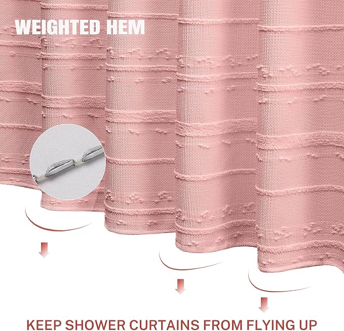 Pink Shower Curtain Boho, 72 x 84 Cotton Blend Waffle Weave Stripe Textured Heavy Duty, Fabric Shower Curtain for Bathroom, Hotel, Washable