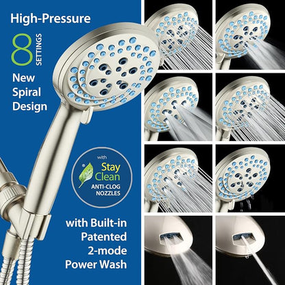 AquaCare New 8-mode High Pressure Handheld Shower Head w/ 2-way Power Wash | Stay Clean Nozzles, Dual Power Wash for Tub, Tile & Pets, Long 6 ft. Stainless Steel Hose, Wall & Overhead Brackets / Nickel