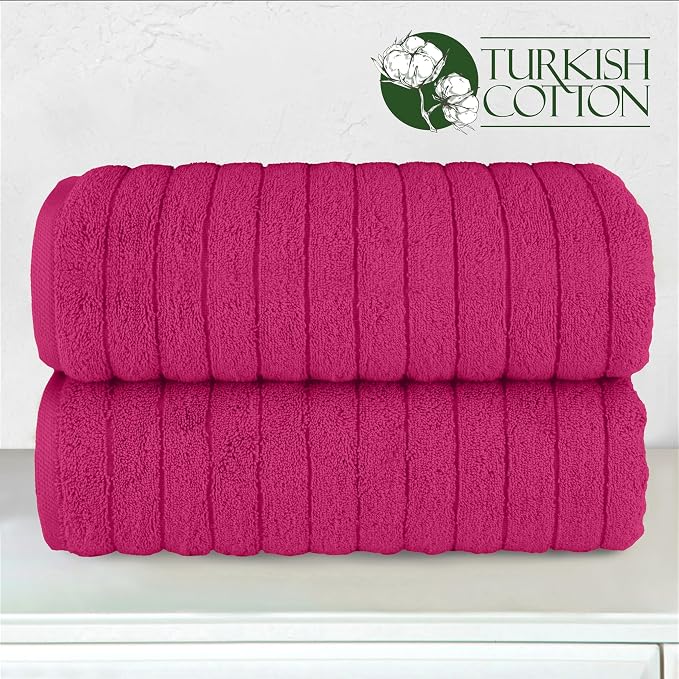 Elegant Comfort 100% Turkish Cotton Corduroy Ribbed Luxury Soft 2 Pack Bath Towels 27 x 54 Inch - Ultra Plush, Absorbent, Quick Dry, Hotel Spa Quality Towels for Bathroom Essentials, Hot Pink