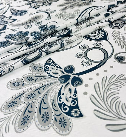 Serafina Home Hotel Quality Navy Gray Grey Fabric Bathroom Shower Curtain: Paisley Floral Leaf Damask Design on White (72 x 70 inches)