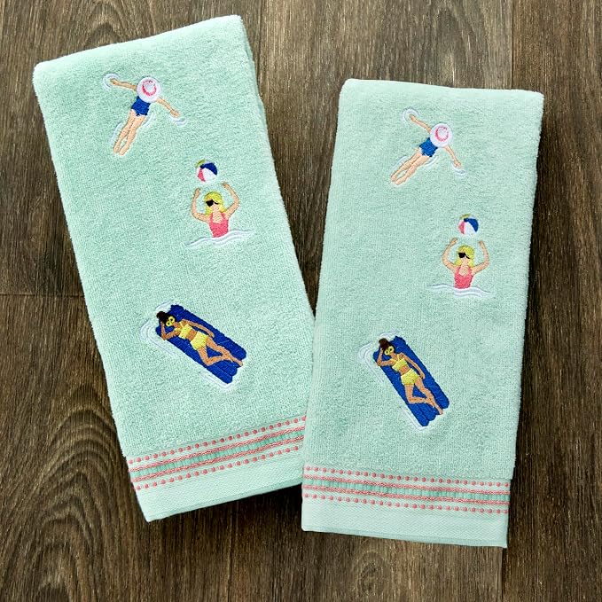 SKL Home Pool Party Hand Towel Set-2pc, Embroidered, Misty Jade | 100% Cotton. Decorative velour for summer fun & everyday décor. Can be used in the bathroom, kitchen, bar, or any sink space.
