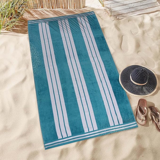 Superior Oversized Cotton Beach Towel Set of 6, Absorbent Towels for Bathroom, Beach, Pool, Swim, Adults, Kids, Vacation, Travel, Bath, Quick Dry Basics, Trip Essentials, Striped Decor, Turquoise