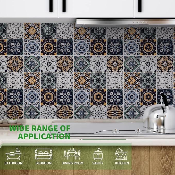 LONGKING Peel and Stick Backsplash Tile Stickers, Blue Moroccan Style Tile for Kitchen, Stick on Wall Tiles (10 Sheets) | Peel and stick backsplash, self-adhesive wall tile, Blue Moroccan, waterproof, kitchen bathroom wall, 10-sheet