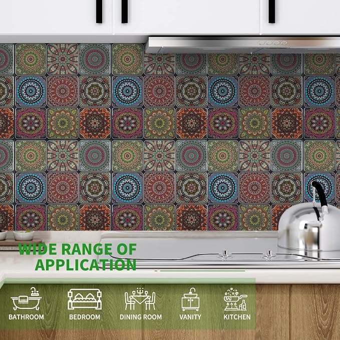LONGKING Peel and Stick Backsplash Tile Stickers, Colorful Moroccan Tile for Kitchen, Stick on Wall Tiles (10 Sheets) | Peel and stick backsplash, self-adhesive wall tile, Colorful Moroccan, waterproof, kitchen bathroom wall, 10-sheet
