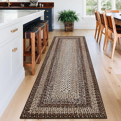 Printed Washable Rugs Runner 2x6 Rug for Living Room Bathroom Rugs Dark Brown Modern Imitation Braided Bedroom Rug Non Slip Geometric Kitchen Runner Stain Resistant Carpet 2'x6' Dark Brown