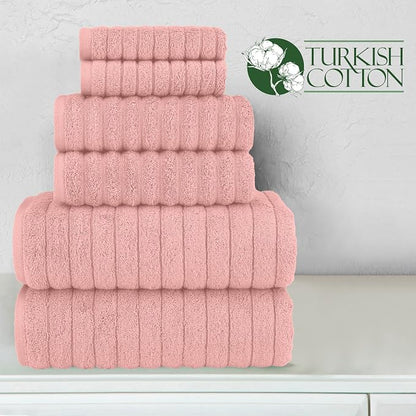 Elegant Comfort 100% Turkish Cotton Corduroy Ribbed Luxury Bath Towels 6-Piece Set, Premium Feel - Quick Dry, Highly Absorbent, Contains 2 Bath Towels, 2 Hand Towels, and 2 Washcloths, Dusty Rose