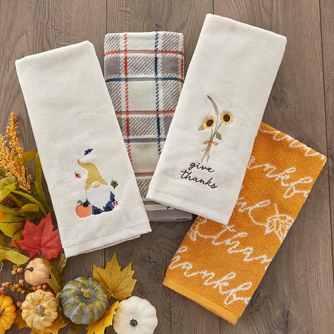SKL Home Fall/Thanksgiving Thankful Script Hand Towel Set-2pc, Yellow | 100% Cotton. Soft & absorbent. Reversible jacquard pattern. Great for the bathroom, kitchen or bar & gifting.