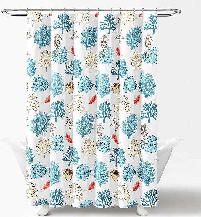 Lush Decor Coastal Reef Feather Shower Curtain, 72" W x 72" L, Blue & Coral - Coastal Shower Curtain - Fabric Curtains - Ocean Bathroom Decor - Beach House - Beachy Room