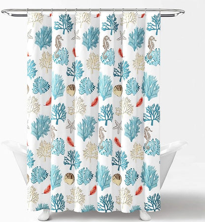 Lush Decor Coastal Reef Feather Shower Curtain, 72" W x 72" L, Blue & Coral - Coastal Shower Curtain - Fabric Curtains - Ocean Bathroom Decor - Beach House - Beachy Room