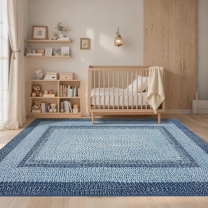 Washable Area Rug 6x9 Rug for Living Room Modern Area Rug for Bedroom Decor Blue Rug Geometric Area Rugs Bordered Non Slip Throw Rugs Stain Resistant Carpet for Nursery Dining Room 6'x9' Blue