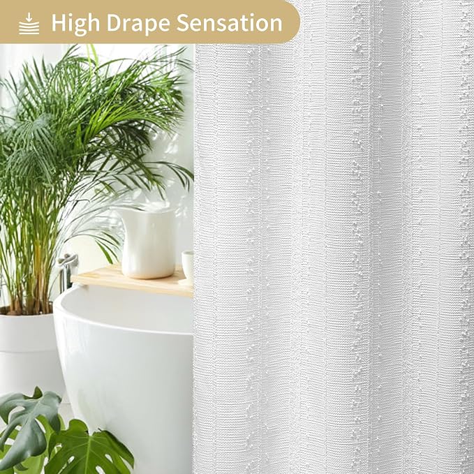 Extra Long White Shower Curtain Boho, 72 x 84 Cotton Blend Waffle Weave Stripe Textured Heavy Duty, Fabric Shower Curtain for Bathroom, Hotel, Washable