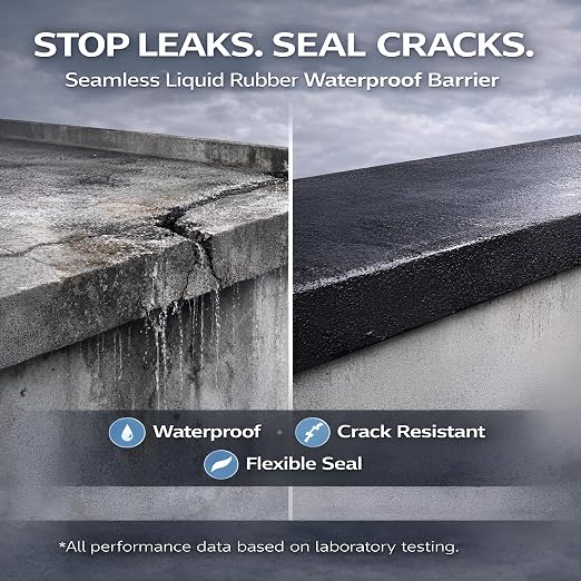 Black Liquid Rubber Waterproof Coating, 1 Quart | Industrial Grade Foundation & Flat Roof Sealant | Waterproofing Membrane for Concrete, Wood & Metal | UV Resistant | Leak Repair Paint