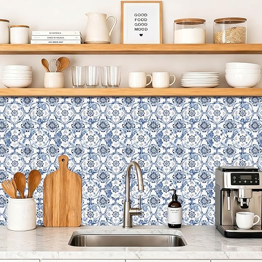 Delft Blue Floral Vine Peel and Stick Floor Tiles 12x12 Inch 10PCS | Delft blue floral vine pattern on a white background vinyl floor stickers for kitchen bathroom entryway and indoor home decor