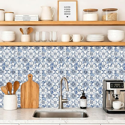 Delft Blue Floral Vine Peel and Stick Floor Tiles 12x12 Inch 10PCS | Delft blue floral vine pattern on a white background vinyl floor stickers for kitchen bathroom entryway and indoor home decor